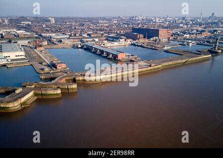 Vista aerea del molo Bramley Moore, Liverpool. I piani del Everton FC per un nuovo stadio da 52,000 posti sono stati approvati dai consiglieri di Liverpool. Foto Stock