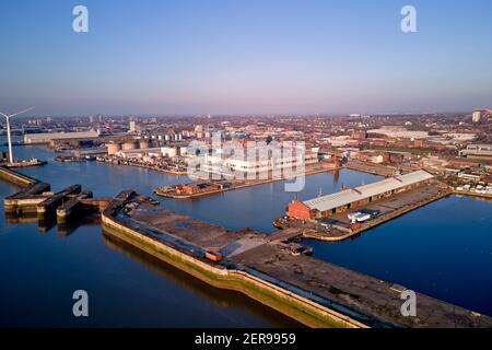 Vista aerea del molo Bramley Moore, Liverpool. I piani del Everton FC per un nuovo stadio da 52,000 posti sono stati approvati dai consiglieri di Liverpool. Foto Stock