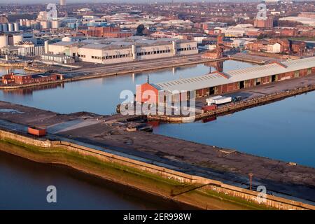 Vista aerea del molo Bramley Moore, Liverpool. I piani del Everton FC per un nuovo stadio da 52,000 posti sono stati approvati dai consiglieri di Liverpool. Foto Stock