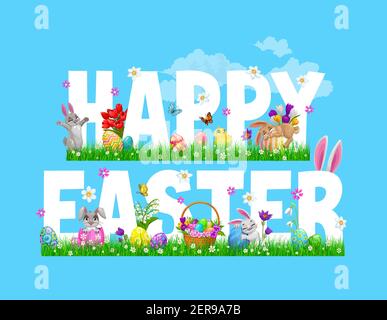 Coniglietti di Pasqua, pulcini e cestino di caccia all'uovo, biglietto d'auguri religioso vettore di vacanza. Erba verde primaverile e fiori, conigli, uova dipinte e piccolo ch Illustrazione Vettoriale