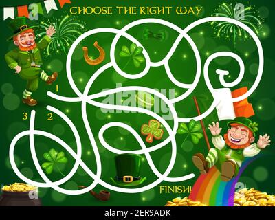 Giochi di labirinto per bambini con leprechauns St Patricks giorno, oro e arcobaleno. Puzzle labirinto vettore scegliere il modo giusto gioco da tavolo. Attività con tracciato aggrovigliato, trifoglio Illustrazione Vettoriale