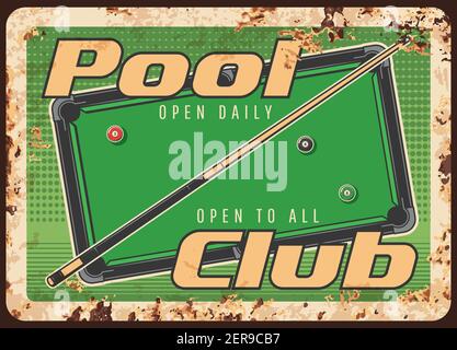 Biliardo club arrugginito piatto di metallo, palle vettoriali e cue su sfondo verde tavola vintage. Gioco di biliardo ricreazione, lezioni di sport ruggine stagno segno. Ferrugino Illustrazione Vettoriale