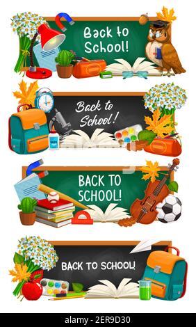 Banner vettoriali di ritorno all'istruzione scolastica. Lavagna a cartoni animati con tipografia, lavagna verde e nero isolato insieme con stud di apprendimento scolastico Illustrazione Vettoriale
