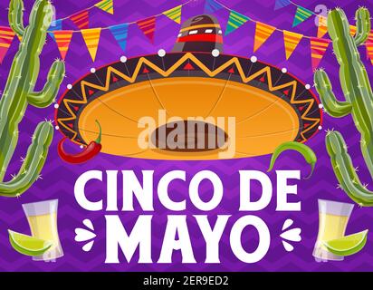 Cinco de Mayo poster vettoriale, tradizionali simboli messicani cappello sombrero, cactus e tequila in vetro girato con calce e colorate bandiere garlands intorno. C Illustrazione Vettoriale