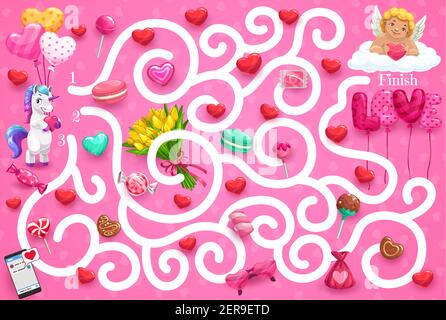 Gioco labirinto bambini tema giorno di San Valentino, aiutare carino unicorn trovare il modo di Cupido. Puzzle labirinto vettoriale, gioco da tavolo per bambini. Attività con sentiero aggrovigliato e angelo Illustrazione Vettoriale