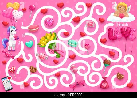 Gioco labirinto bambini tema giorno di San Valentino, aiutare carino unicorn trovare il modo di Cupido. Puzzle labirinto vettoriale, gioco da tavolo per bambini. Attività con sentiero aggrovigliato e angelo Illustrazione Vettoriale
