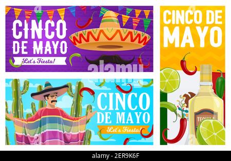 Banner vettoriali Cinco de Mayo. Sombrero messicano con baffi, bandiera nazionale, tequila con lime e ghirlande. Uomo messicano in poncho, cactus e jalapen Illustrazione Vettoriale