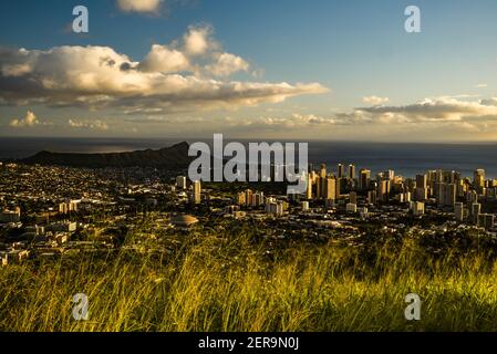 Vista della destinazione turistica di Waikiki con alti edifici e condomini dal punto di osservazione al Monte Tantalus nel Parco Statale di Puu Ualakaa, Oahu, Honolulu, Hawaii, USA Foto Stock