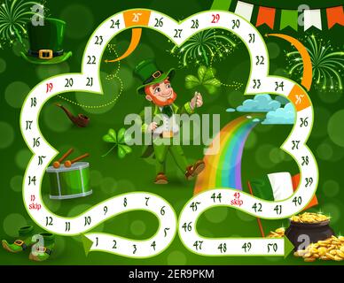 Giochi da tavolo per bambini modello vettoriale tema giorno St Patricks, gioco di bordo passo con percorso blocco in forma di fortunato trifoglio, numeri, inizio, finale e cartoon LEP Illustrazione Vettoriale
