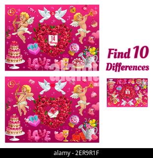 I bambini trovano dieci differenze. Enigma vettoriale con oggetti di San Valentino e cartoni animati cupid caratteri. Puzzle bambini educativo, tempo libero prescolare ac Illustrazione Vettoriale