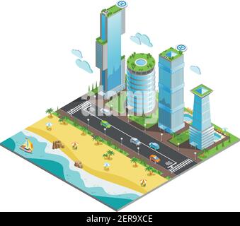 Grattacieli futuristici di colore isometrico composizione con pezzo di oceano e. illustrazione vettoriale della spiaggia sabbiosa Illustrazione Vettoriale