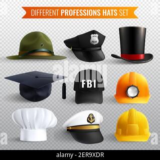 Collezione di cappelli per diverse professioni su sfondo trasparente con nove realistic elementi di bretella di fissaggio uniformi con illustrazione vettoriale delle ombre Illustrazione Vettoriale