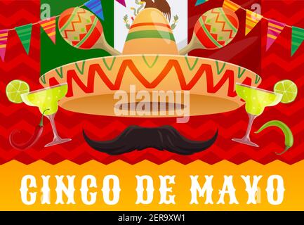 Cinco de Mayo vettore di vacanza messicano cappello sombrero, festa maracas fiesta e tequila, bandiera del Messico, peperoncino rosso e peperoni jalapeno verde, baffi, li Illustrazione Vettoriale