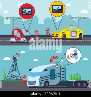 Veicoli autonomi senza conducente su strada 2 striscioni orizzontali piane con illustrazione vettoriale di veicoli e veicoli controllati da gps Illustrazione Vettoriale