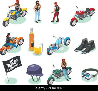 Biker icone isometriche raccolta di caratteri umani isolati e immagini di moto birra e oggetti di moda illustrazione vettoriale Illustrazione Vettoriale