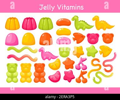 Gelatina di vitamine per masticare la gomma con set di aromi di frutta, vitamine colorate di gomma dolce brillante Illustrazione Vettoriale