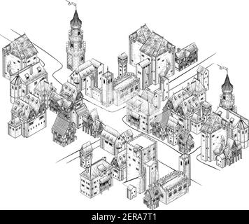 Illustrazione della città medievale Scroll Vintage Illustrazione Vettoriale