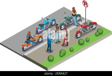 Composizione isometrica biker con immagini di motocicli e personaggi umani in strada marciapiede scenario con poliziotto vettore illustrazione Illustrazione Vettoriale