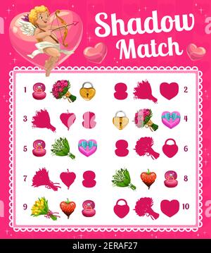 Giochi di bambini ombra partita vettore Valentine elementi e Cupid. Bambini logica prescolare o scuola materna foglio di lavoro educativo con fiori, anello, serratura e s. Illustrazione Vettoriale