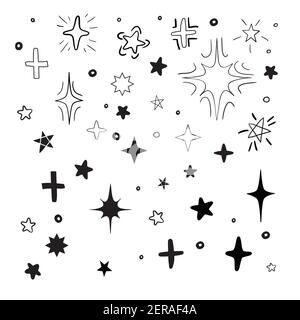 Impostare schizzi e silhouette di stelle isolate su sfondo bianco . Illustrazione vettoriale. Illustrazione Vettoriale