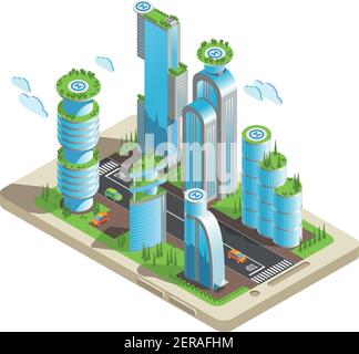 Grattacieli futuristici isometrici colorati composizione parte della città con grattacieli in stile 3d situati sul vettore dello schermo dello smartphone illustratio Illustrazione Vettoriale