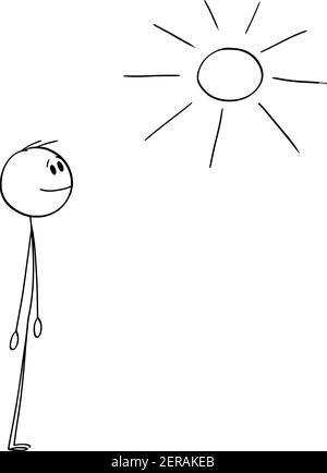 Uomo sorridente che guarda il sole d'estate brillante felice con la figura del cartoon del Weather.Vector o illustrazione del carattere. Illustrazione Vettoriale