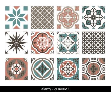 Set di motivi colorati per piastrelle, collezione di ornamenti geometrici astratti orientali di colore marrone Illustrazione Vettoriale