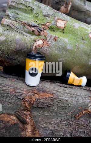 McCafe per andare tazza scartato su un albero abbattuto. Foto Stock