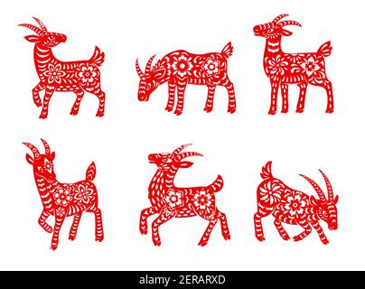 Set di icone vettoriali zodiacche cinesi di capra. Anno nuovo lunare della Cina simbolico, rosso ornato capra cornuta, segni astrologici oroscopo isolato sopra Illustrazione Vettoriale