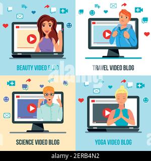 Video blogger caratteri 4 icone piatte concetto quadrato con viaggio bellezza moda scienza yoga argomenti illustrazione vettoriale Illustrazione Vettoriale