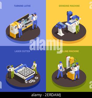 Icone di concetto di macchine industriali con simboli di fresatrice isometrici illustrazione vettoriale isolata Illustrazione Vettoriale