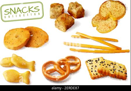 Cracker crostini pretzels biscotti croccanti bastoni di pane realistico da forno spuntini appetitoso raccolta di immagini closeup illustrazione vettoriale isolata Illustrazione Vettoriale