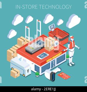 Negozio tecnologia supermercato di futura composizione colorata con sistema di sorveglianza flying inventory scanner robot consulente icone isometriche vettore i Illustrazione Vettoriale