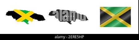 Giamaica. Mappa con bandiera mascherata. Silhouette dettagliata. Bandiera ondulata. Illustrazione vettoriale isolata in bianco. Illustrazione Vettoriale