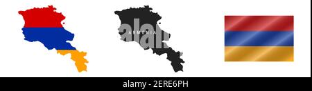 Armenia. Mappa con bandiera mascherata. Silhouette dettagliata. Bandiera ondulata. Illustrazione vettoriale isolata in bianco. Illustrazione Vettoriale