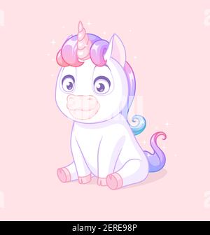 Carino bambino unicorn seduto. Illustrazione vettoriale su sfondo rosa. Illustrazione Vettoriale