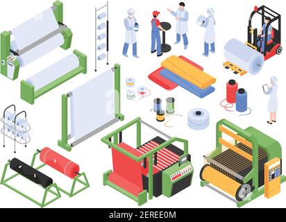 Set di produzione di fabbrica tessile isometrica immagini isolate con industriale illustrazione vettoriale delle strutture di stoccaggio dei macchinari e dei caratteri del personale Illustrazione Vettoriale