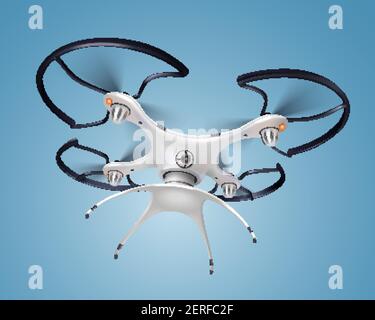 Drone colorato e realistico con composizione fotocamera bianca Smart electronic illustrazione del vettore volante del quadricopter Illustrazione Vettoriale