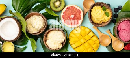 Frutti tropicali e piante con una varietà di gelato in gusci di noce di cocco su sfondo blu, laici piatta Foto Stock