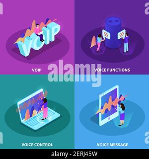 Controllo vocale 2x2, concept design, set di icone quadrate a dimostrazione dispositivi moderni con funzioni di riconoscimento vocale e comunicazione voip isometrica Illustrazione Vettoriale