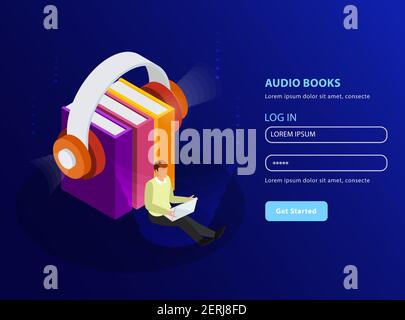 Audiolibri sfondo isometrico in formato modello landing page con le cuffie e la pila di libri di testo illuminano le icone vettoriali Illustrazione Vettoriale