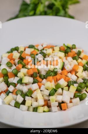 Macedonia insalata, macedoine de legumes, insalata mista di verdure, cucina francese Foto Stock