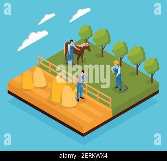 Composizione isometrica della vita degli agricoltori ordinari in vista di diversi campi opere e pascoli animali attività di allevamento illustrazione vettoriale Illustrazione Vettoriale