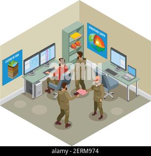 Ricerca sulla terra, laboratorio geologico con scienziati, computer, cartelloni didattici sulle pareti composizione isometrica illustrazione vettoriale Illustrazione Vettoriale