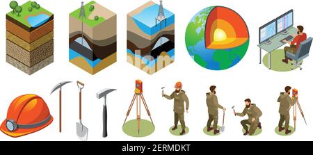 Esplorazione della terra icone isometriche, struttura del globo, strati del suolo, laboratorio scientifico, strumenti geologici, illustrazione vettoriale isolata Illustrazione Vettoriale