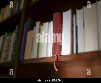 Pelle marrone Bibbia Santa con il marchio del libro sullo scaffale con altri libri. Foto Stock
