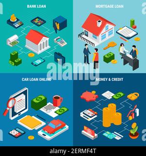 Prestiti concetto di progettazione isometrica con quattro composizioni di banca finanziaria icone correlate caratteri umani e pittogrammi illustrazione vettoriale Illustrazione Vettoriale