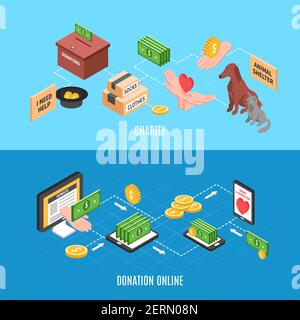 Banner pubblicitari di beneficenza con offerte per fare donazioni online e. aiuto umanitario icone isometriche illustrazione vettoriale Illustrazione Vettoriale