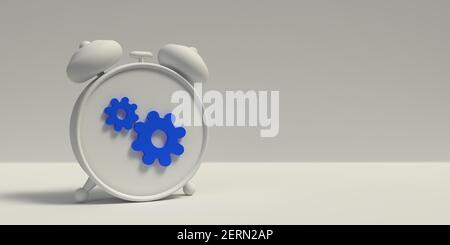 Concetto di messaggio con orologio 3D: Simbolo dell'ingranaggio in blu per lavoro, lavoro di squadra e leadership. Disegno grafico nell'illustrazione. Oggetto timer. Isolato Foto Stock