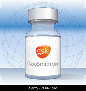 Fiala per vaccino anti Covid-19 con etichetta Glaxo GSK, illustrazione vettoriale sullo sfondo del design mondiale Foto Stock